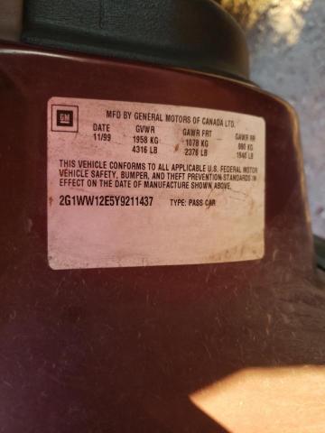 2G1WW12E5Y9211437 - 2000 CHEVROLET MONTE CARL 栗色 照片 10