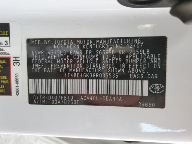 4T4BE46K38R035535 - 2008 TOYOTA CAMRY CE WHITE photo 10