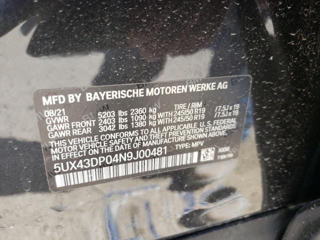 5UX43DP04N9J00481 - 2022 BMW X3 SDRIVE3 BLACK photo 10