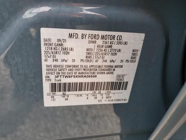 3FTTW8F9XNRA06668 - 2022 FORD MAVERICK X BLUE photo 10