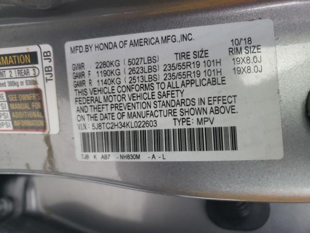 5J8TC2H34KL022603 - 2019 ACURA RDX SILVER photo 14