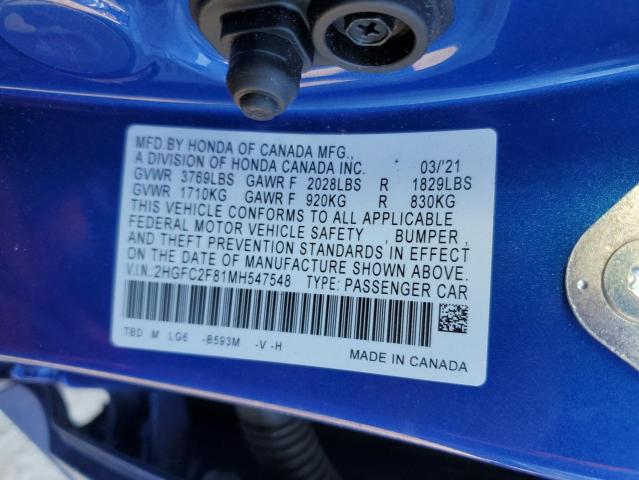 2HGFC2F81MH547548 - 2021 HONDA CIVIC SPOR BLUE photo 10