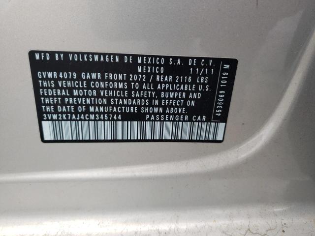 3VW2K7AJ4CM345744 - 2012 VOLKSWAGEN JETTA BASE SILVER photo 10