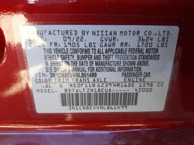 3N1CN8EV4NL861499 - 2022 NISSAN VERSA SV RED photo 10