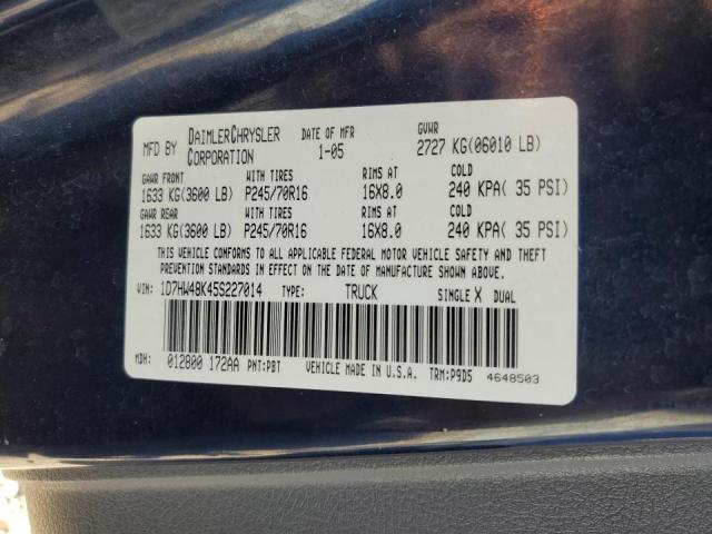 1D7HW48K45S227014 - 2005 DODGE DAKOTA QUA BLUE photo 10