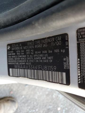 WBAAV33441FU81159 - 2001 BMW 3 SERIES WHITE photo 10
