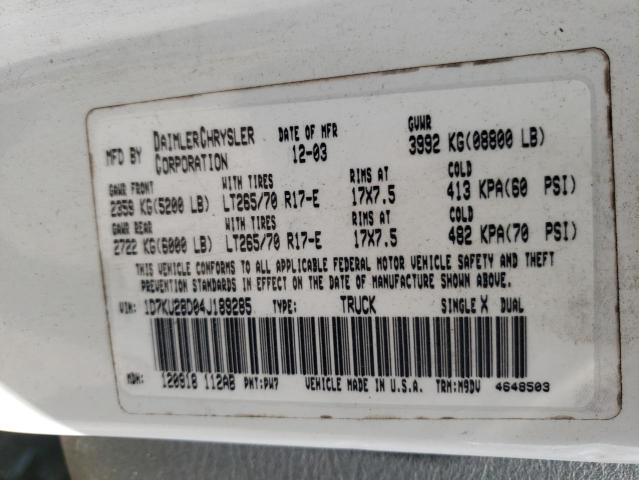 1D7KU28D04J189285 - 2004 DODGE RAM 2500 S WHITE photo 10