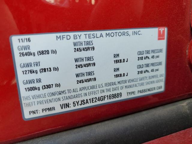 5YJSA1E24GF169889 - 2016 TESLA MODEL S Qırmızı foto 10