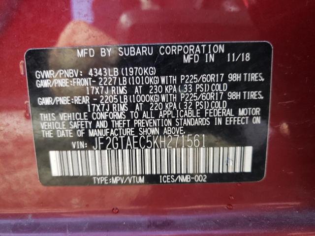 JF2GTAEC5KH271561 - 2019 SUBARU CROSSTREK MAROON photo 10