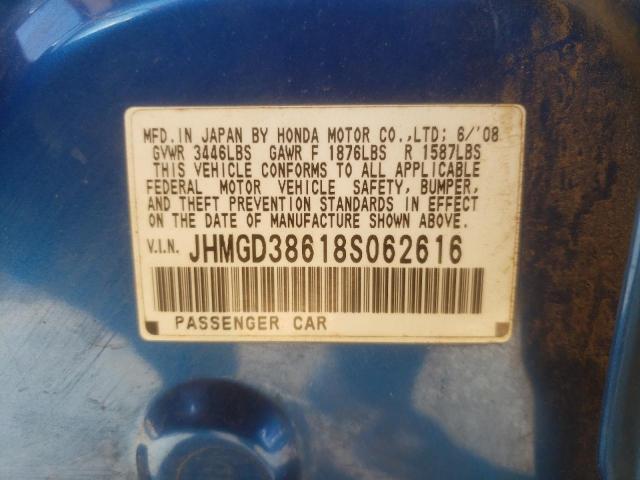 JHMGD38618S062616 - 2008 HONDA FIT SPORT BLUE photo 10