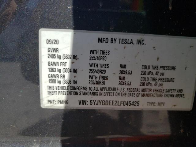 5YJYGDEE2LF045425 - 2020 TESLA MODEL Y فحمي صورة 10
