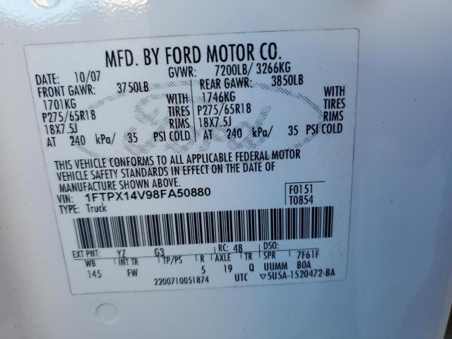 1FTPX14V98FA50880 - 2008 FORD F150 WHITE photo 10