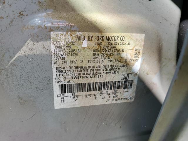 3FTTW8F97NRA51373 - 2022 FORD MAVERICK X GRAY photo 10