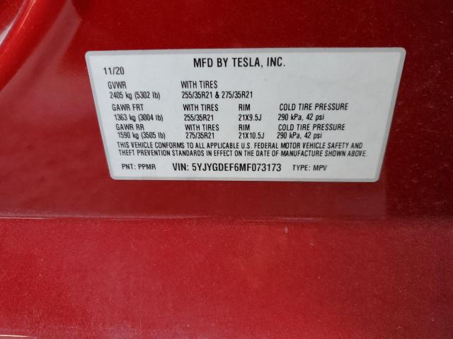 5YJYGDEF6MF073173 - 2021 TESLA MODEL Y أحمر صورة 10
