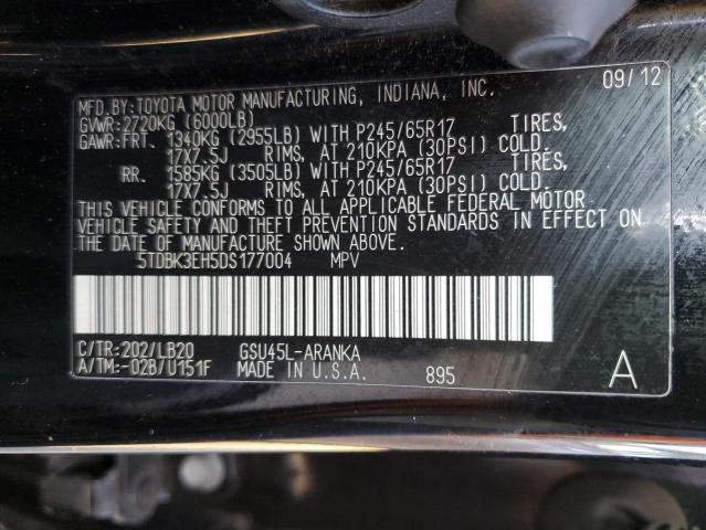 5TDBK3EH5DS177004 - 2013 TOYOTA HIGHLANDER Қара фото 10