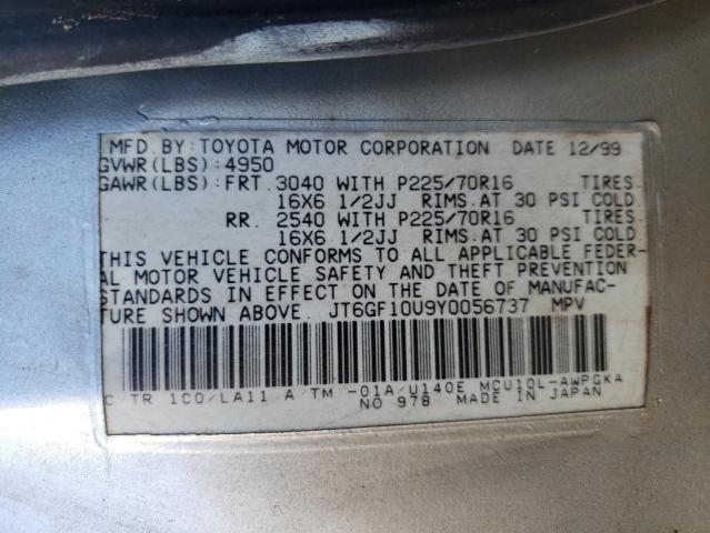 JT6GF10U9Y0056737 - 2000 LEXUS RX 300 SILVER photo 10