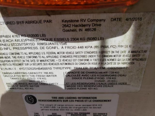 4YDT32525HB450010 - 2017 KEYSTONE OUTBACK TAN photo 10