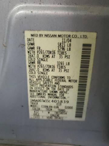 1N6AD07W35C405839 - 2005 NISSAN FRONTIER SILVER photo 10