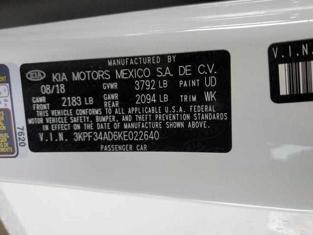 3KPF34AD6KE022640 - 2019 KIA FORTE GT L WHITE photo 10