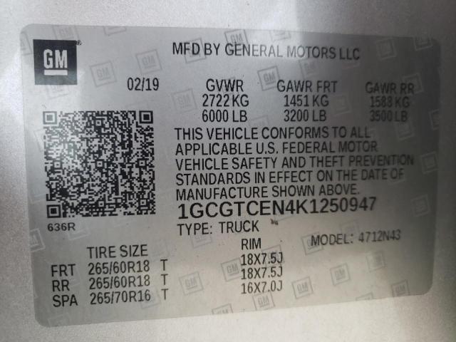 1GCGTCEN4K1250947 - 2019 CHEVROLET COLORADO L SILVER photo 10