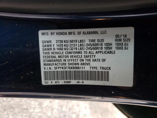 5FPYK3F76KB006111 - 2019 HONDA RIDGELINE BLUE photo 10