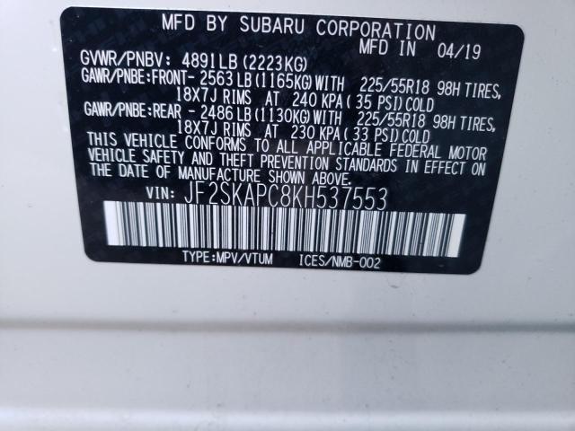 JF2SKAPC8KH537553 - 2019 SUBARU FORESTER S WHITE photo 10