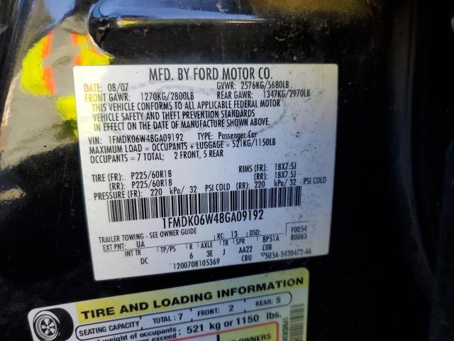 1FMDK06W48GA09192 - 2008 FORD TAURUS X L BLACK photo 10