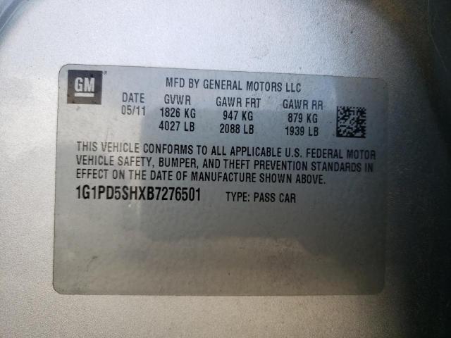 1G1PD5SHXB7276501 - 2011 CHEVROLET CRUZE SILVER photo 10