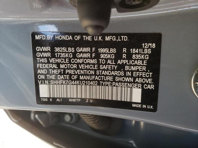 SHHFK7G44KU210402 - 2019 HONDA CIVIC SPOR BLUE photo 10