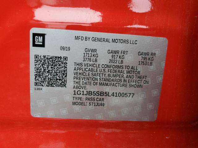 1G1JB5SB5L4100577 - 2020 CHEVROLET SONIC LS RED photo 10