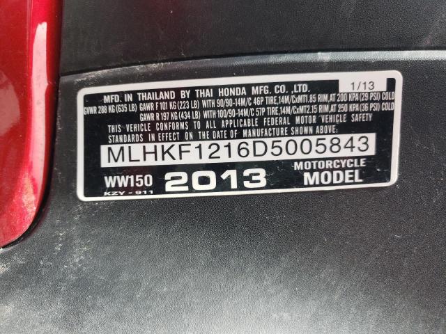 MLHKF1216D5005843 - 2013 HONDA PCX 150 RED photo 10