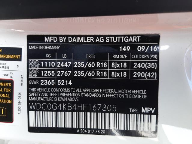 WDC0G4KB4HF167305 - 2017 MERCEDES-BENZ GLC 300 4M WHITE photo 10