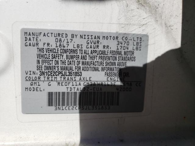 3N1CE2CP5JL351853 - 2018 NISSAN VERSA NOTE WHITE photo 10