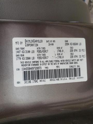 1D4HD58N05F528973 - 2005 DODGE DURANGO LI TAN photo 10