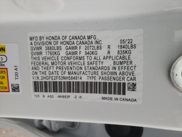 2HGFE2F53NH584814 - 2022 HONDA CIVIC SPOR WHITE photo 10