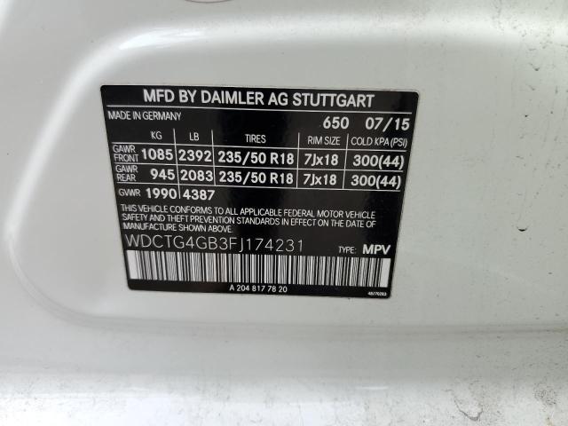 WDCTG4GB3FJ174231 - 2015 MERCEDES-BENZ GLA 250 4M WHITE photo 10