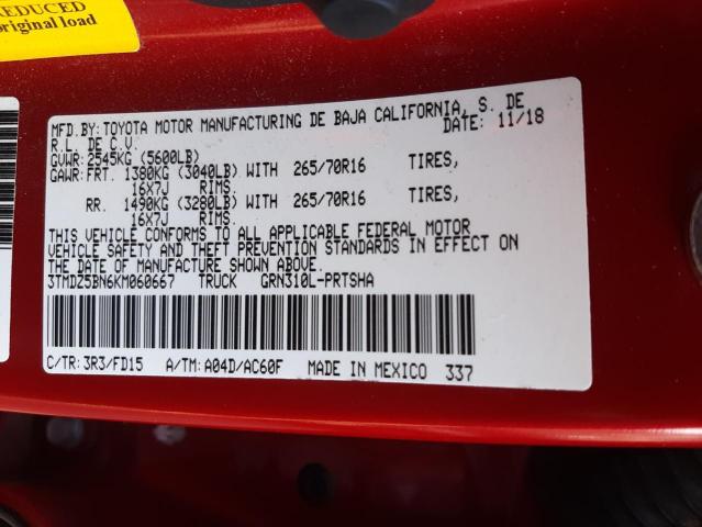 3TMDZ5BN6KM060667 - 2019 TOYOTA TACOMA DOU 红色 照片 10