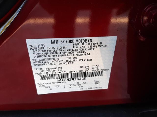 MAJ3S2KE9KC261081 - 2019 FORD ECOSPORT T RED photo 10