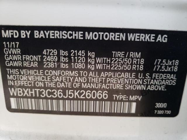 WBXHT3C36J5K26066 - 2018 BMW X1 XDRIVE2 WHITE photo 10