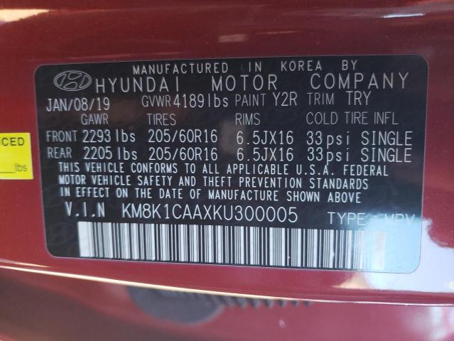 KM8K1CAAXKU300005 - 2019 HYUNDAI KONA SE RED photo 10