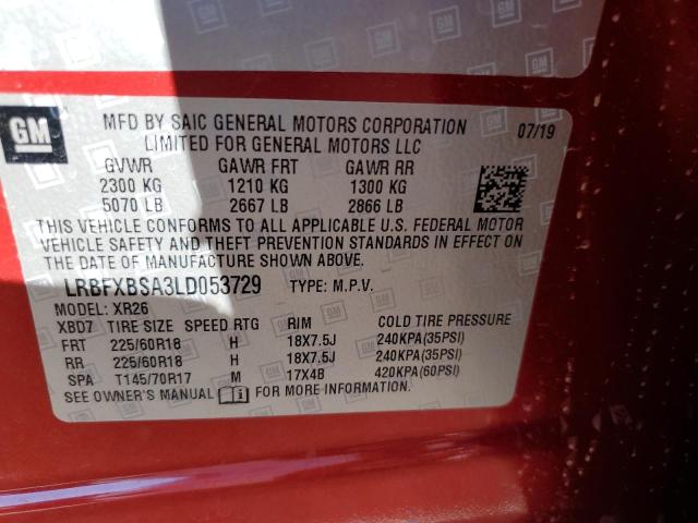 LRBFXBSA3LD053729 - 2020 BUICK ENVISION P RED photo 10