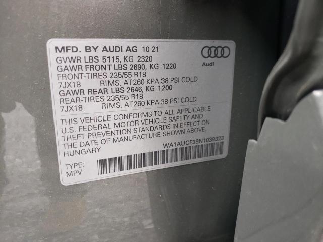 WA1AUCF39N1039323 - 2022 AUDI Q3 PREMIUM GRAY photo 10