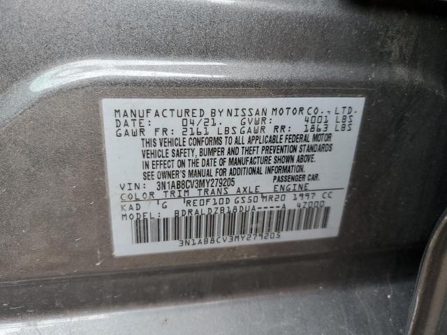 3N1AB8CV3MY279205 - 2021 NISSAN SENTRA SV CHARCOAL photo 10