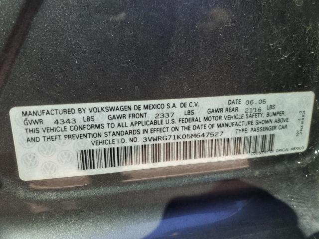 3VWRG71K05M647527 - 2005 VOLKSWAGEN NEW JETTA GRAY photo 10