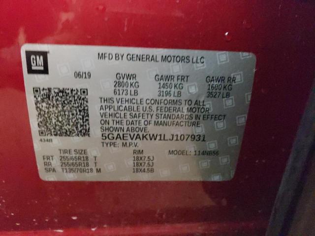 5GAEVAKW1LJ107931 - 2020 BUICK ENCLAVE ES RED photo 10