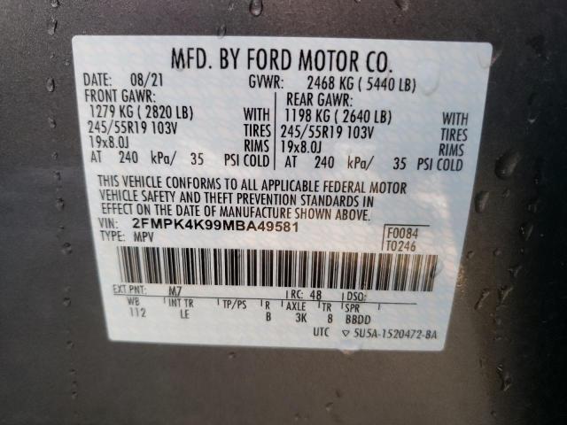 2FMPK4K99MBA49581 - 2021 FORD EDGE TITAN CHARCOAL photo 10