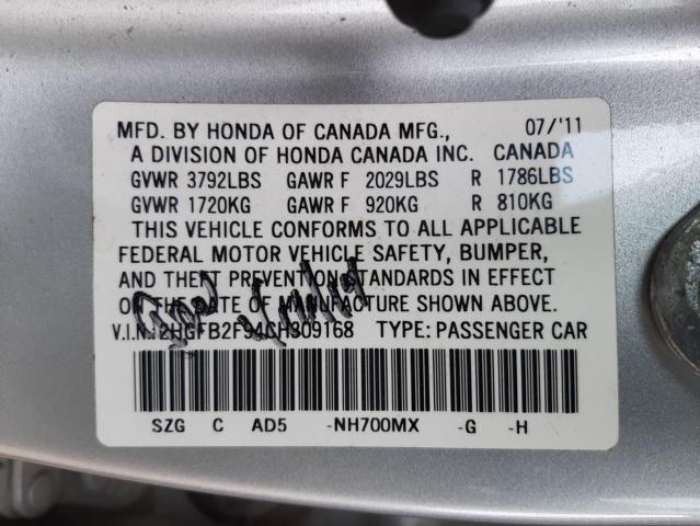 2HGFB2F94CH309168 - 2012 HONDA CIVIC EXL 银色 照片 10