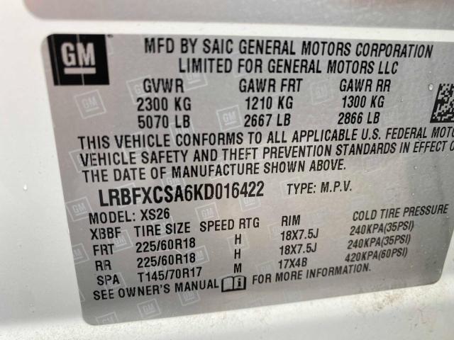 LRBFXCSA6KD016422 - 2019 BUICK ENVISION E WHITE photo 10