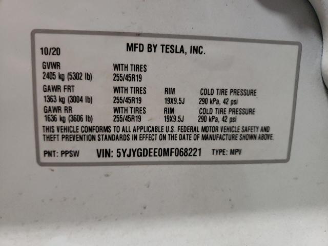 5YJYGDEE0MF068221 - 2021 TESLA MODEL Y Blanc photo 10