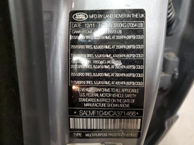 SALMF1D4XCA371466 - 2012 LAND ROVER RANGE ROVE SILVER photo 10